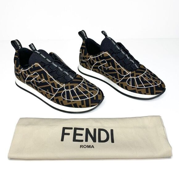 Fendi Brown/Black Zucca Logo Lycra FFreedom Lace Up Low Top Sneakers EU 38 US 8 - Picture 1 of 9